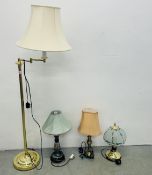 GROUP OF 4 LAMPS TO INCLUDE BRASS EFFECT FLOOR STANDING LAMP, HEIGHT 145CM AND A FLORAL EXAMPLE ETC.