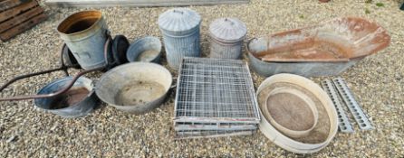 A VINTAGE WATER CART, 3 X GALVANISED TWIN HANDLED SKEPS,