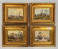 FOUR GILT FRAMED OIL ON BOARD BY JAMES WRIGHT OF A COUNTRY LANE WITH BARNS, COUNTRY LANE IN WINTER,