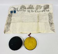 A VICTORIAN 1856 LETTERS PATENT WITH ATTACHED £50 & £5 PATENT REVENUES STAMPS + ORIGINAL WAX SEAL