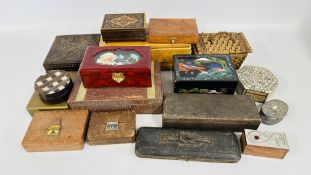 A QUANTITY OF DECORATIVE BOXES TO INCLUDE MUSICAL, CONCERTINA GLOVE BOX ETC.