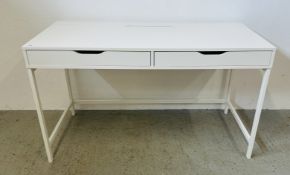 AN IKEA WHITE FINISH TWO DRAWER DESK, W 132CM X D 60CM X H 77CM.