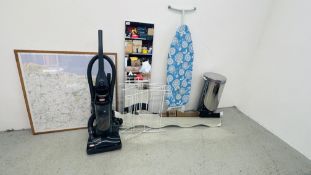 A GROUP OF HOME GOODS TO INCLUDE IRONING BOARD, VAX VACUUM, WAVE WALL MIRROR, BRABANTIA PEDAL BIN,