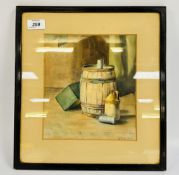 A FRAMED AND MOUNTED STILL LIFE WATERCOLOUR DEPICTING A BARREL, TANKARD AND A STONEWARE FLAGON,