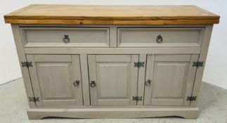 A PAINTED MEXICAN PINE 2 DRAWER, 3 DOOR SIDEBOARD, W 132 X D 43 X H 81CM.