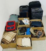 8 X BOXES OF ASSORTED CLOTHING TO INCLUDE BLANKETS, VARIOUS SUITCASES, BAGS AND PURSES, SHORTS,