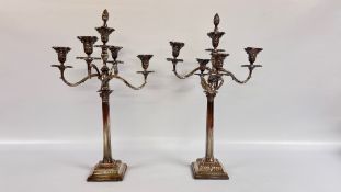A PAIR OF ANTIQUE SILVER PLATED 5 BRANCH CANDELABRAS NEOCLASSICAL CORINTHIAN COLUMN DESIGN,
