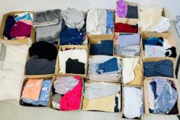 19 X BOXES OF ASSORTED GOOD QUALITY LADIES AND GENTS CLOTHING AS CLEARED TO INCLUDE JUMPERS, JEANS,