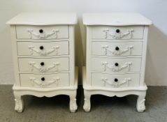 A PAIR OF WHITE FINISH CONTINENTAL STYLE THREE DRAWER BEDSIDE CHESTS, W 47CM X D 37CM X H 70CM.