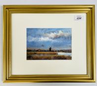 A FRAMED AND MOUNTED OIL ON BOARD TITLED MAUTBY MARSH FARM MILL,