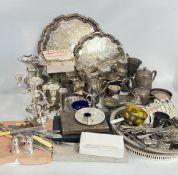 2 X BOXES CONTAINING AN EXTENSIVE GROUP OF PLATED WARE, TANKARDS AND SALVERS,