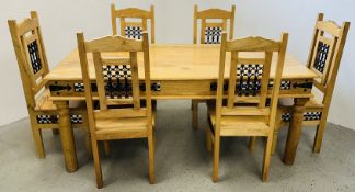HARDWOOD AND METAL CRAFT DINING TABLE AND SET OF 6 MATCHING DINING CHAIRS.