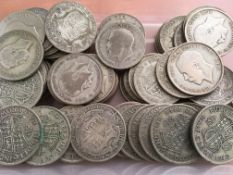 COINS: TUB WITH PRE 1947 SILVER HALFCROWNS, FACE £9-12½, WEIGHT 1.01 KILOS APPROX.