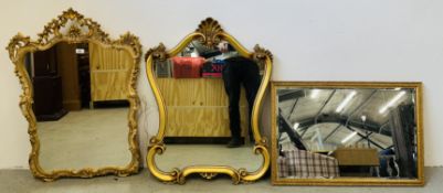 A REPRODUCTION GILT WALL MIRROR WITH SHELL CRESTING + ONE OTHER AND A RECTANGULAR WALL MIRROR WITH