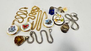 THREE SILVER MOUNTED BIRD PENDANTS, 2 ARE HAND PAINTED AND SIGNED, SILVER ENAMELLED THIMBLE,