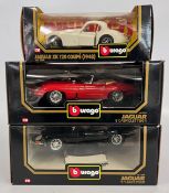 THREE BURAGO DIE-CAST MODELS TO INCLUDE 1/18 JAGUAR E CABRIOLET (1961),