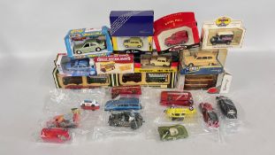 A BOX OF ASSORTED DIE-CAST MODEL VEHICLES TO INCLUDE MATCHBOX, DINKY AND CORGI EXAMPLES, SOME BOXED.
