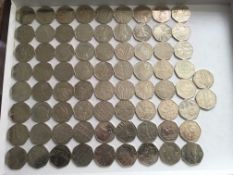 COINS: TUB WITH A SELECTION OF COLLECTABLE 50p, £2, AND OLDER STYLE £2 (29), £5 CROWNS (2) ETC.