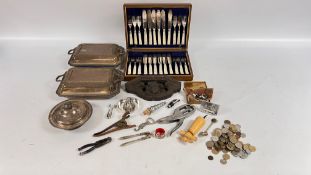 A GROUP OF COLLECTIBLES TO INCLUDE A PAIR OF SILVER PLATED TUREENS, CANTEEN OF FISH CUTLERY,