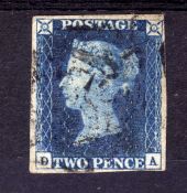 GB: 1840 2d BLUE PLATE 2 DA USED, FOUR CLOSE TO GOOD MARGINS, CANCELLED BLACK MX.