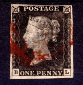GB: 1840 1d BLACK PLATE 1b BL USED FOUR MARGINS CANCELLED INDISTINCT RED MALTESE CROSS.