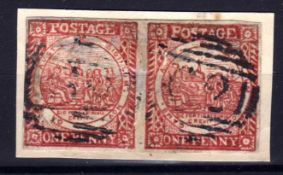 NEW SOUTH WALES: 1850 SYDNEY VIEW 1d DULL CARMINE PAIR STUCK TO PIECE, HEAVILY REPAIRED. SG 11.