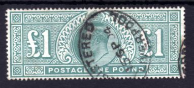 GB: 1902-13 DE LA RUE £1 GREEN USED CANCELLED LIVERPOOL REG. OVAL. SG 266.