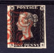 GB: 1840 1d BLACK 1b SE USED, FOUR MARGINS, CANCELLED RED MX, FINE.