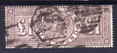 GB: 1884 £1 BROWN-LILAC WMK. CROWNS USED CANCELLED PART DUPLEX. SG 185.