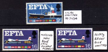GB: 1967 EFTA 9d PHOS MISSING LILAC, 1/- ORDINARY MISSING DEEP BLUE AND MISSING NEW BLUE, ALL MNH,