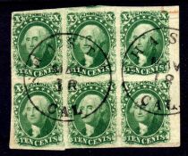 USA: 1851-7 10c GREEN TYPE II/III USED BLOCK OF SIX CANCELLED 'SHASTA / CAL MAY 18' CDS,