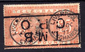 GB: TELEGRAPHS 1876-81 £5 ORANGE USED CANCELLED LIVERPOOL EXCHANGE CDS AND BOX CANCEL. SOUND.