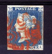 GB: 1840 2d BLUE PLATE 1 MI USED, FOUR MARGINS, CANCELLED RED MX.