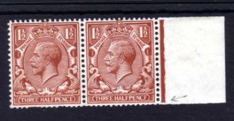 GB: 1912-24 1½d CHESTNUT PENCF ERROR MNH MARGINAL, FEW SHORT PERFS ON ADJOINING NORMAL. SG.