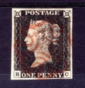 GB: 1840 1d BLACK PLATE 3 RC USED, FOUR MARGINS, CANCELLED RED MX.