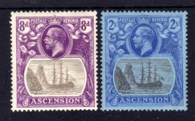 ASCENSION: 1924-33 8d TORN FLAG AND 2/- BROKEN MAINMAST VARIETIES OG, SG 17b, 19a (2).