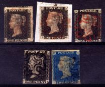 GB: 1840 1d BLACKS (4) AND 2d BLUE, ALL USED, VARIABLE MARGINS, SOME FAULTS. (5).
