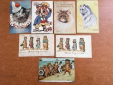 CAT POSTCARDS BY LOUIS WAIN (6) AND A. THIELE, MIXED CONDITION, ONE DUPLICATE.