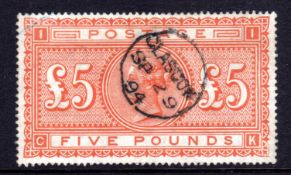 GB: 1867-83 £5 ORANGE ON WHITE PAPER CK FINE USED CANCELLED GLASGOW 1894 CDS,