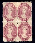 TASMANIA: 1871-91 6d PERF 12 DULL CLARET OG BLOCK OF FOUR. SG 143.