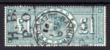 GB: 1891 £1 GREEN KA USED CANCELLED BAYSWATER / QUEEN'S RD CDS AND PART BOX CANCELS. SG 212.