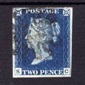 GB: 1840 2d BLUE PLATE 1 SC, FOUR MARGINS CANCELLED BLACK MALTESE CROSS.