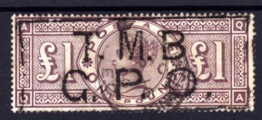 GB: 1884 WMK CROWNS £1 BROWN LILAC USED CANCELLED LONDON E.C. CDS AND BOXED H/S. SG 185.