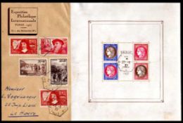 FRANCE: 1937 PEXIP MINISHEET TRIMMED AT TOP AND BOTTOM ON EXPO IMPRINT FRONT ONLY,
