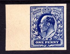 GB: c1913 EDWARD 7th ONE PENNY IMPERF PRINTER'S SAMPLE IN BLUE ON UNGUMMED NO WMK PAPER,