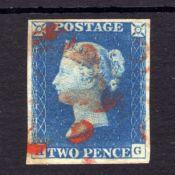 GB: 1840 2d BLUE PLATE 1 HG, FOUR MARGINS CANCELLED RED MALTESE CROSS.