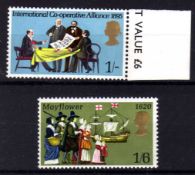 GB: 1970 ANNIVERSARIES 1/- MISSING GREEN AND EMBOSSING, 1/6 MISSING EMERALD, BOTH MNH. SG 821b, 822.