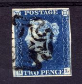 GB: 1840 2d BLUE PLATE 2 BL USED, FOUR CLOSE TO GOOD MARGINS, CANCELLED BLACK MX.