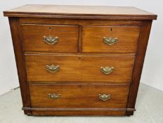 A SMALL SATINWOOD AND MAHOGANY CHEST, THE TWO SHORT DRAWERS OVER TWO LONG, W 89CM, D 45CM, H 80CM.