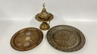 A GROUP OF PERSIAN / MAMLUK SILVER INLAID INCENSE BURNER AND TRAY + ONE OTHER.